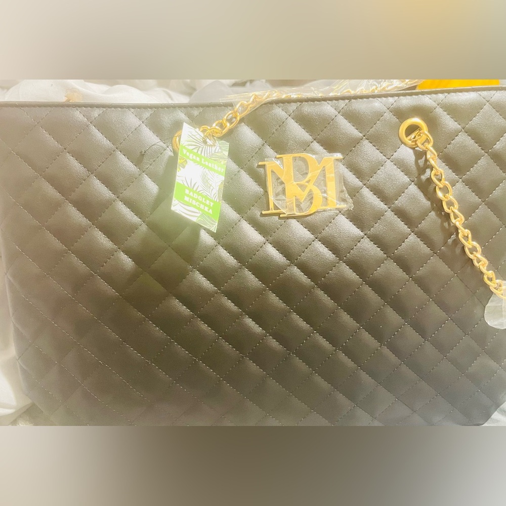 Badgley Mischka Black Quilted Tote with Gold Logo Charm